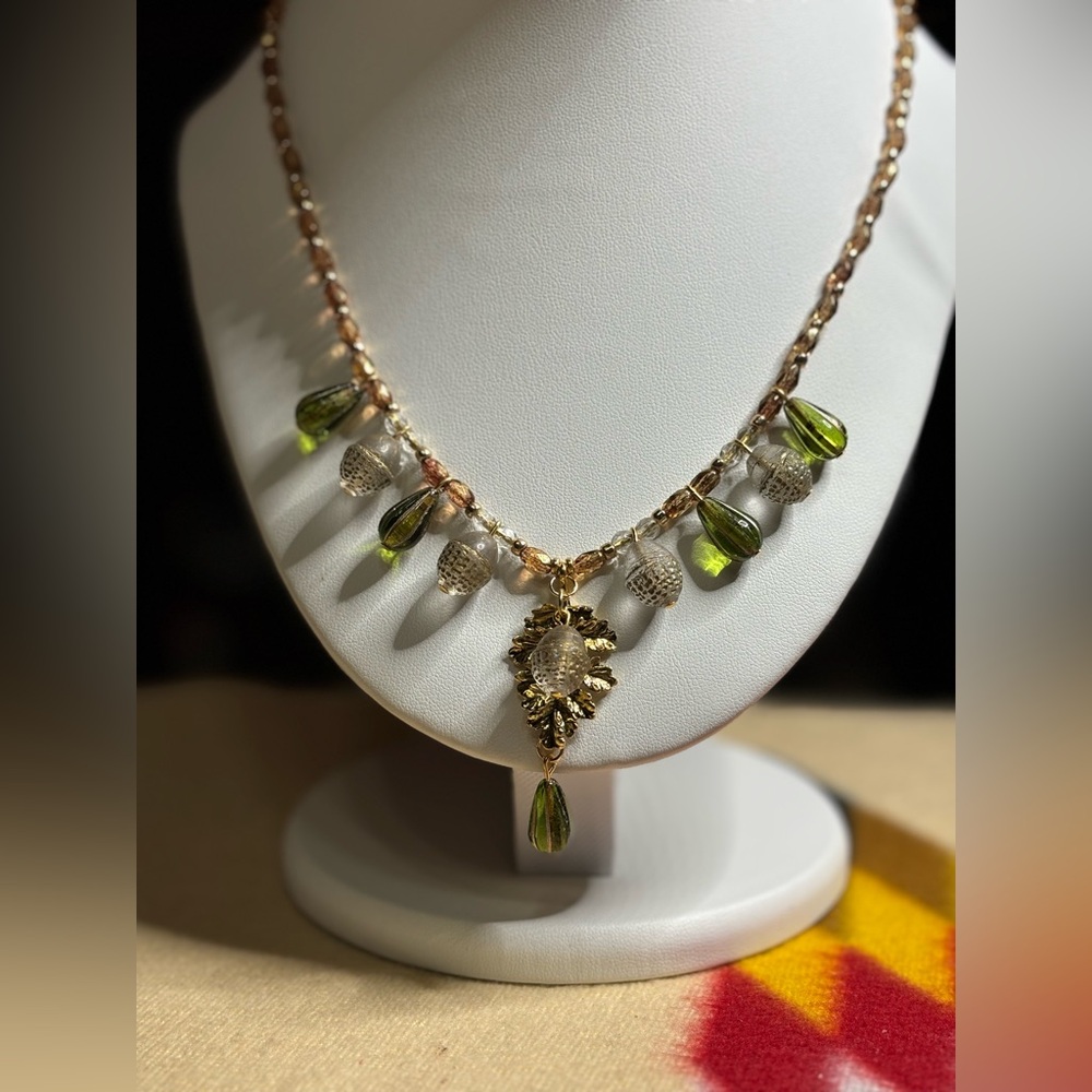 Autumn Necklace with acorns and gold leaf pendant 18 inches